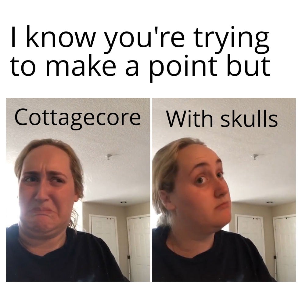 Kombucha Girl meme with the title "I know you're trying to make a point, but" with her skeptical face labelled "Cottagecore" and her intrigued face labelled "With skulls"