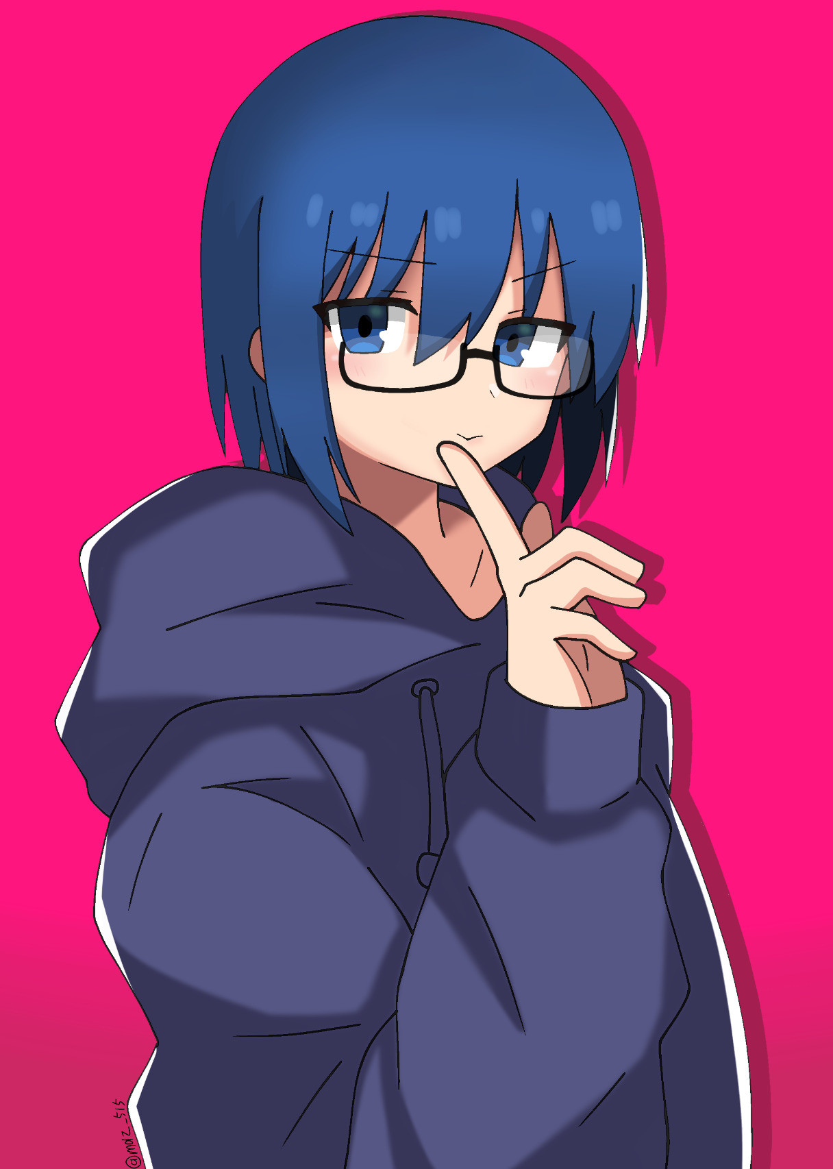 Ciel from Tsikuhime in a gray baggy sweater on a pink-ish background.
Her right index finger is held before her face a bit under her lips.